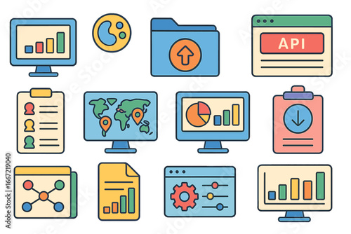 Analytics and data outline icon set. visualization, report, chart, analytical icons