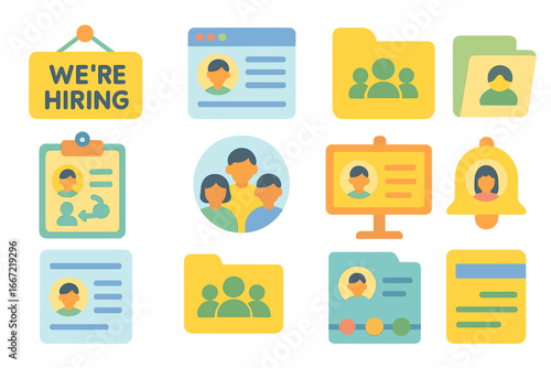 Hiring and recruitment flat icon set. job search, candidate selection, team icons