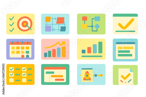 Business and marketing flat icon set. strategy, analytics, scheduling icons.