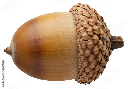 Close-up image of a single acorn, showcasing its intricate, textured cap and smooth, light brown body against a pure black background.