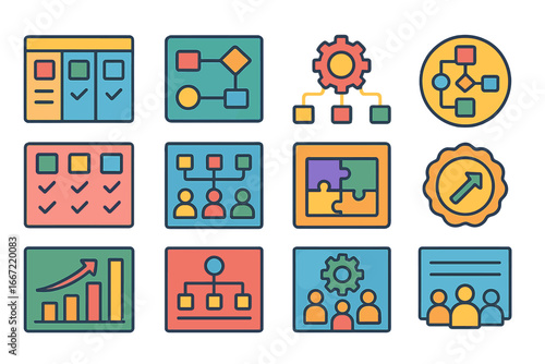 Business, organization outline icon set. workflow, planning icons outline collection