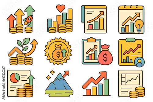 Business and finance flat icon set. analytics, growth, investment essential collection