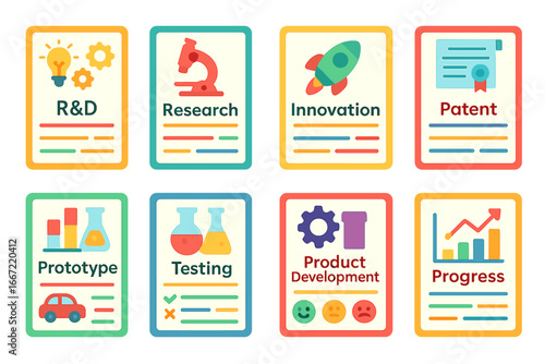 Innovation and research icon set in flat style. r&d, testing, development icons
