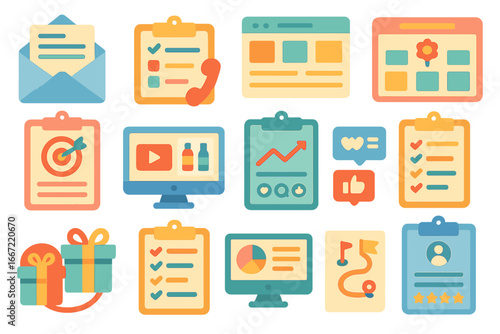 Business and marketing flat icon set. strategy, analytics, and social media elements