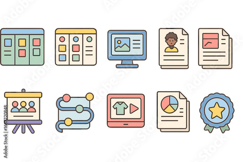 Business, organization filled icon set. office, workflow management icons collection