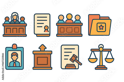 Legal, justice icon set. courtroom, law, flat icons collection