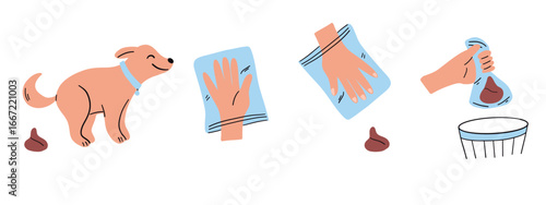 Clean up after your dog. Dog excrement. Set of icons for pet care and hygiene. Vector illustration in flat style.