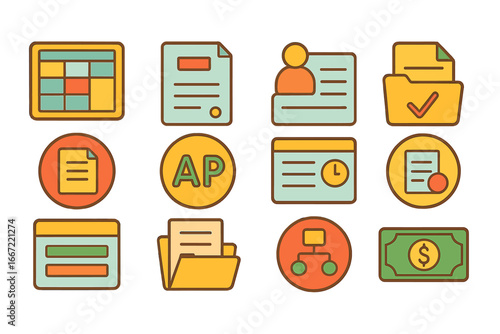 Business management flat icon set. organization, planning essentials in flat style