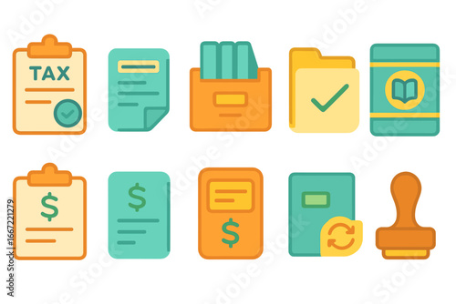 Finance and tax flat icon set. accounting tools and budget management collection