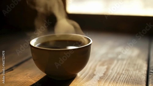 Wallpaper Mural Steaming cup of coffee on a wooden surface with soft sunlight Torontodigital.ca