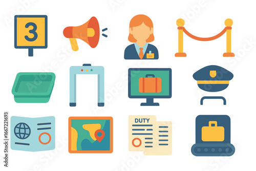 Airport security flat icon set. aviation safety, customs control, travel icons collection