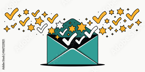 An envelope with white check marks and gold stars coming out of it on a white background illustration