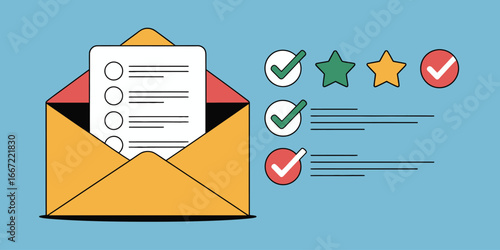 An open envelope with a checklist and rating stars and checkmarks on a blue background design style