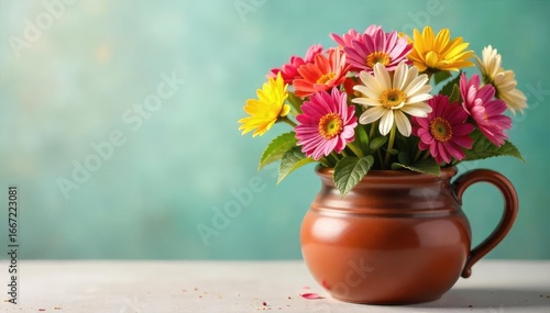 Wallpaper Mural A ceramic pot overflowing with colorful flowers, symbolizing a brimming happiness and positive energy Perfect for illustrating well-being, joy, and abundance , feel good, colorful flowers Torontodigital.ca