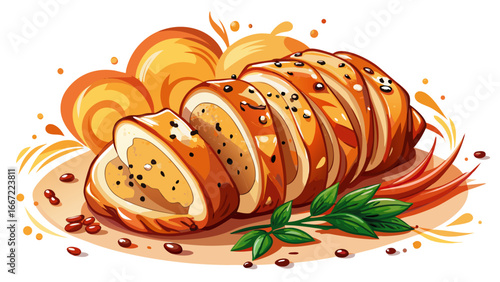 Sliced chicken fillet baked with teriyaki sauce, sesame and spices, savory harmony captured in semi-realistic abstraction, timeless visual poetry of flavor, aroma, and golden indulgence.