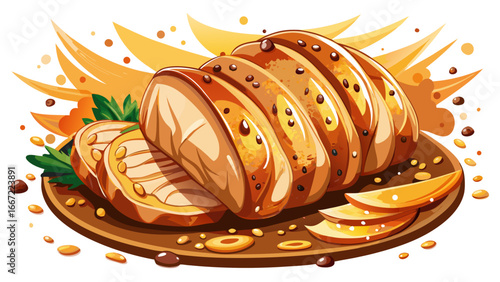 Sliced chicken fillet baked with teriyaki sauce, sesame and spices, savory harmony captured in semi-realistic abstraction, timeless visual poetry of flavor, aroma, and golden indulgence.