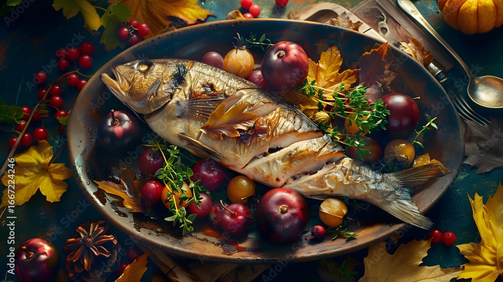 Fototapeta premium Roasted Fish with Autumn Fruits and Herbs on Rustic Plate