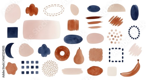Collection of abstract watercolor shapes and elements in earthy tones, including blobs, brush strokes, circles, and organic forms, isolated on a white background for design