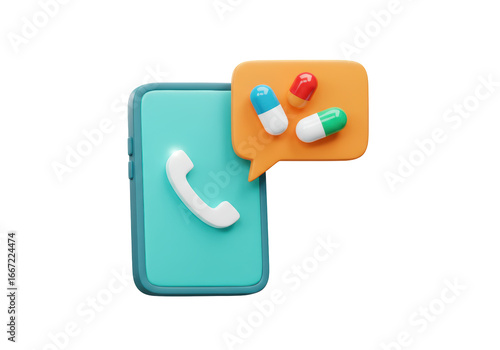 Isolated 3D Render of a Smartphone with Call Icon and Medicine Pills in a Speech Bubble, Health Communication