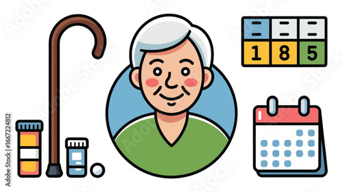 Illustration depicting elderly care with cane medicine calendar and memory test symbols on white background