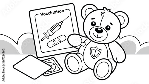 A black and white cartoon illustration of a teddy bear with vaccination card and medicine blister pack