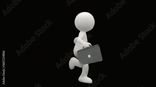 White stick figure walking with a briefcase on black background