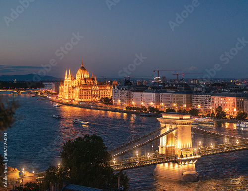 Budapest Parliament and Chain Bridge at dusk over the Danube River