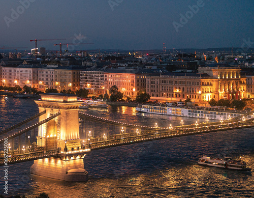Budapest Parliament and Chain Bridge at dusk over the Danube River