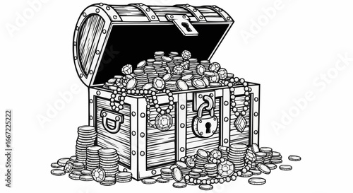 Open Treasure Chest with Gold Coins and Jewels