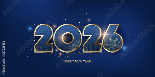 Happy new year 2026 background. Shiny golden numbers on a blue background. Holiday greeting card design.