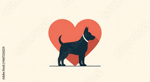 A black silhouette of a dog standing in front of a large red heart, symbolizing love and companionship for pets