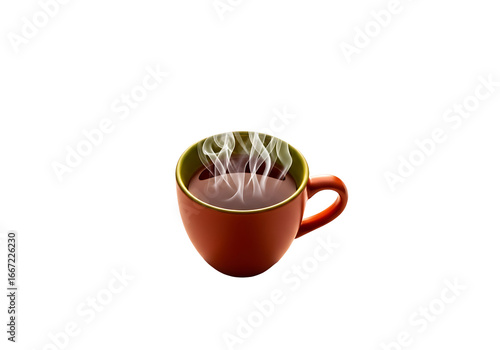 A steaming mug of rich, warm beverage against a stark black background, showcasing the vibrant orange tones and delicate steam patterns.
