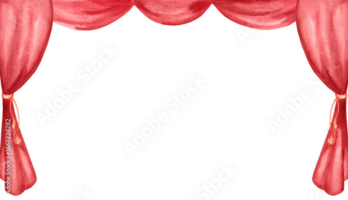 Watercolor illustration of a red curtain for a theater performance. Circus and ballet stage decoration