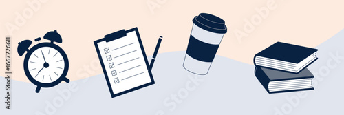 A cartoon image showing an alarm clock, a clipboard with a pen, a coffee cup, and a stack of books