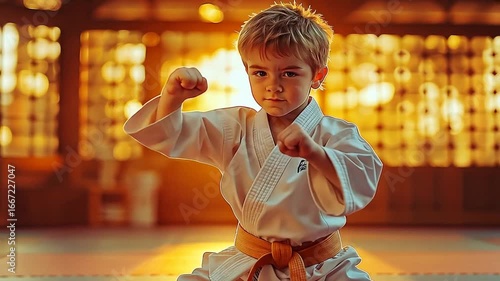 Young Karate Kid in Dojo, Focused and Ready