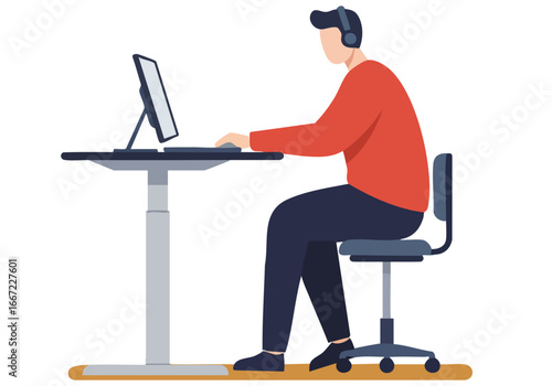 A man works remotely at a desk, using a laptop and headset. Modern workspace, focused on productivity. Clean, professional style.