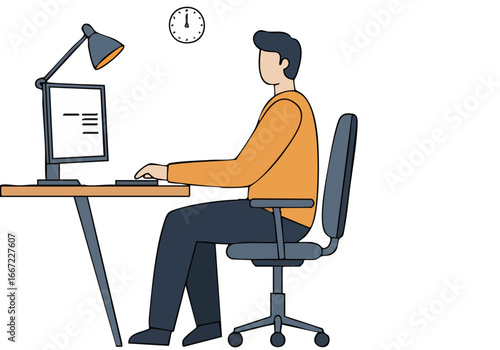 A man works remotely at his desk, illuminated by a lamp. He?s focused on his computer, creating a modern, productive workspace. Clean lines and a simple design.