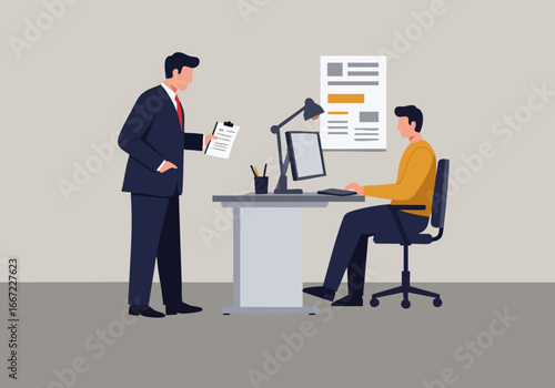 A professional man reviews documents with a junior colleague at a desk. Clear composition, modern office setting. Suitable for business and career themes.