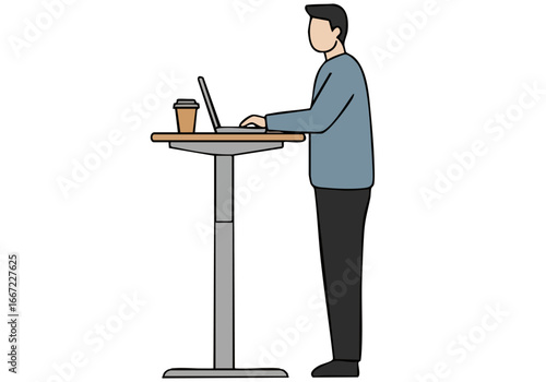 A professional man works at a standing desk with a laptop and coffee. Modern, clean workspace illustration. Suitable for business and productivity themes.