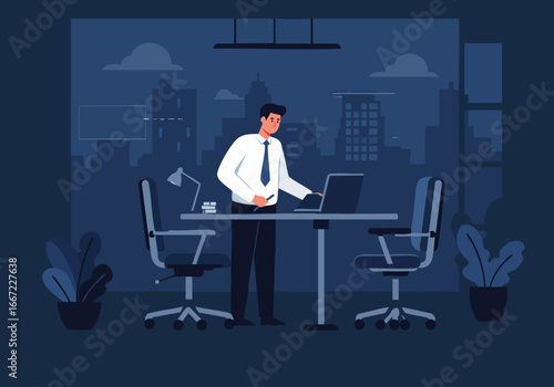 A professional man works late at his desk, troubleshooting on a laptop. A city skyline is visible through the window.  Nighttime office scene.
