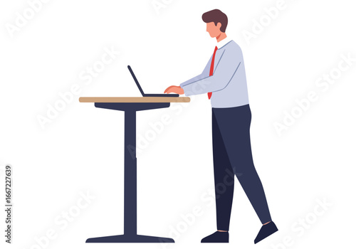 A professional man works on an adjustable desk with a laptop. Modern, clean workspace illustration. Suitable for business and productivity themes.