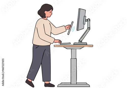 A woman adjusts a monitor on a standing desk, utilizing remote control. Modern workspace, focused on ergonomic design and digital productivity. Clean, professional aesthetic.