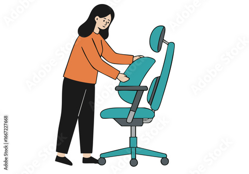 A woman adjusts her ergonomic chair, focusing on proper posture. Clean, modern illustration style. Ideal for health, wellness, and workspace themes.