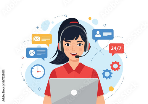 Vector art of customer service representative wearing a headset and smiling while working on a laptop, surrounded by communication icons like chat bubbles, email, clock, and 247 support symbol