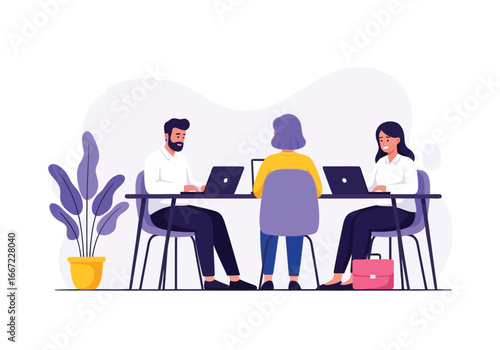 Vector art of diverse group of professionals collaborating on laptops at a modern office desk, symbolizing teamwork and business strategy