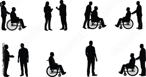 Wheelchair interaction silhouette, inclusive communication, social engagement, black vector art, disability support, diverse posture, accessible design, community clipart