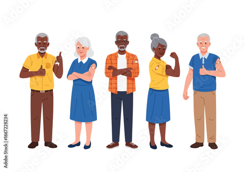 Vector art of diverse group of senior people, men and women, showing positive gestures like thumbs up and flexing muscles, representing health, vaccination, and wellness