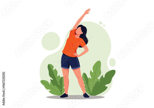 Vector art of woman doing stretching exercise outdoors in a park with green plants, promoting a healthy and active lifestyle, fitness, and wellness
