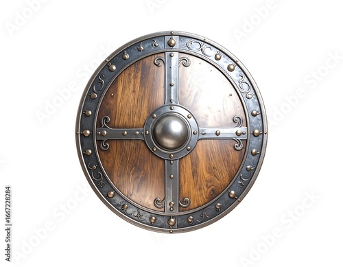 Round wooden shield with metal accents