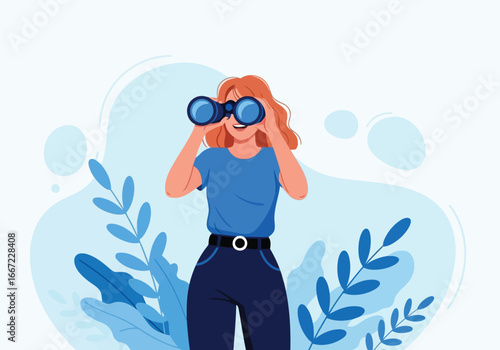Vector art of woman with binoculars looking into the distance, symbolizing searching for future opportunities, discovery, and exploration with hope and curiosity